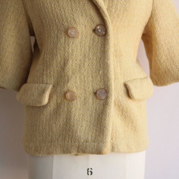 Vintage 1960s Jacket, Yellow with Black Velvet Collar, Double Breasted - Picture 3 of 10